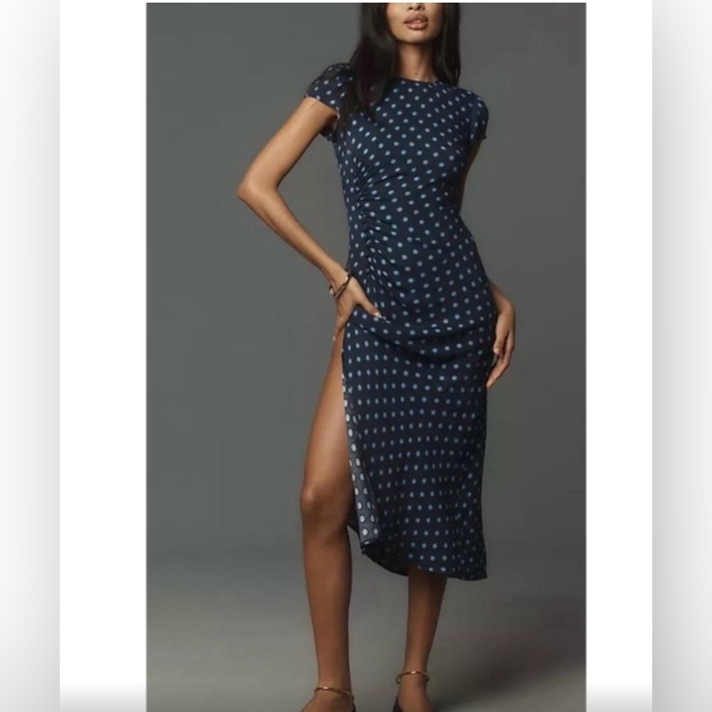 Navy Blue Polka Dot Cap Sleeve Maxi Dress